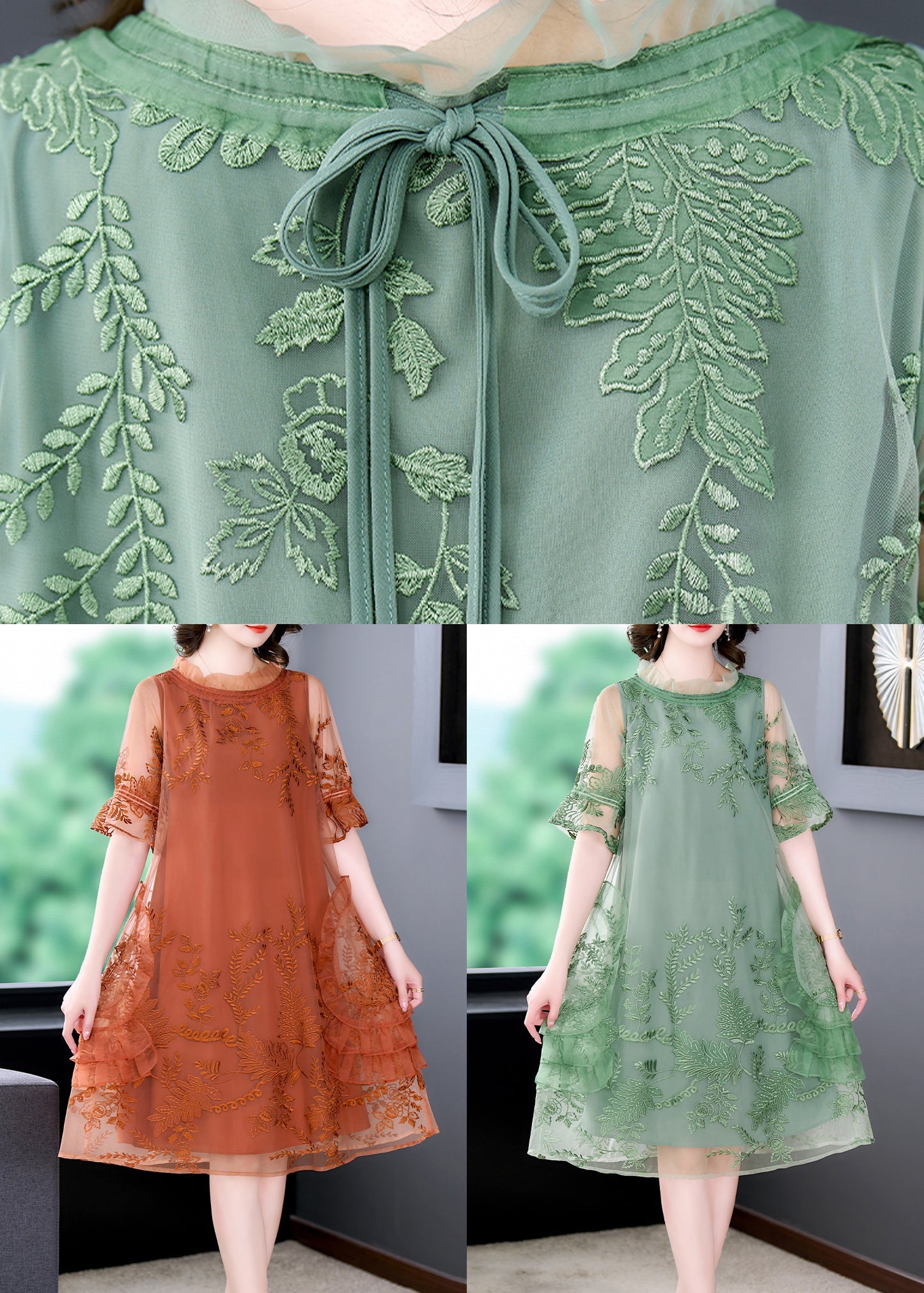 Stylish Orange Embroideried Patchwork Tulle Mid Dresses Summer