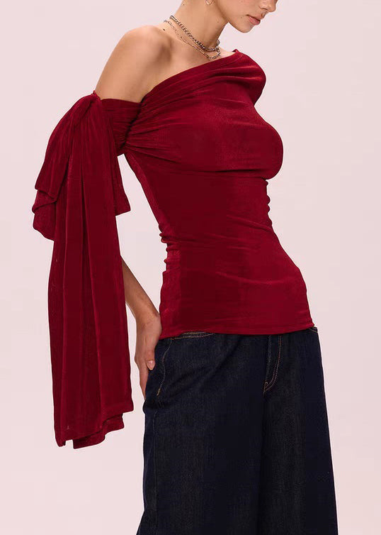 Red Slim Fit Cotton Fall T Shirts Asymmetrical