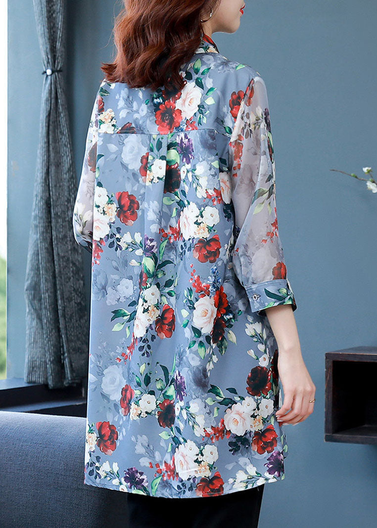Classy Blue Peter Pan Collar Print Chiffon Long Shirt Bracelet Sleeve