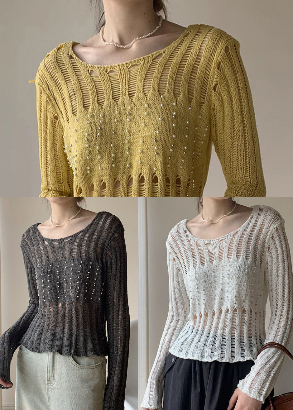 Silm Fit Yellow Hollow Out Knit Ripped Tops Fall
