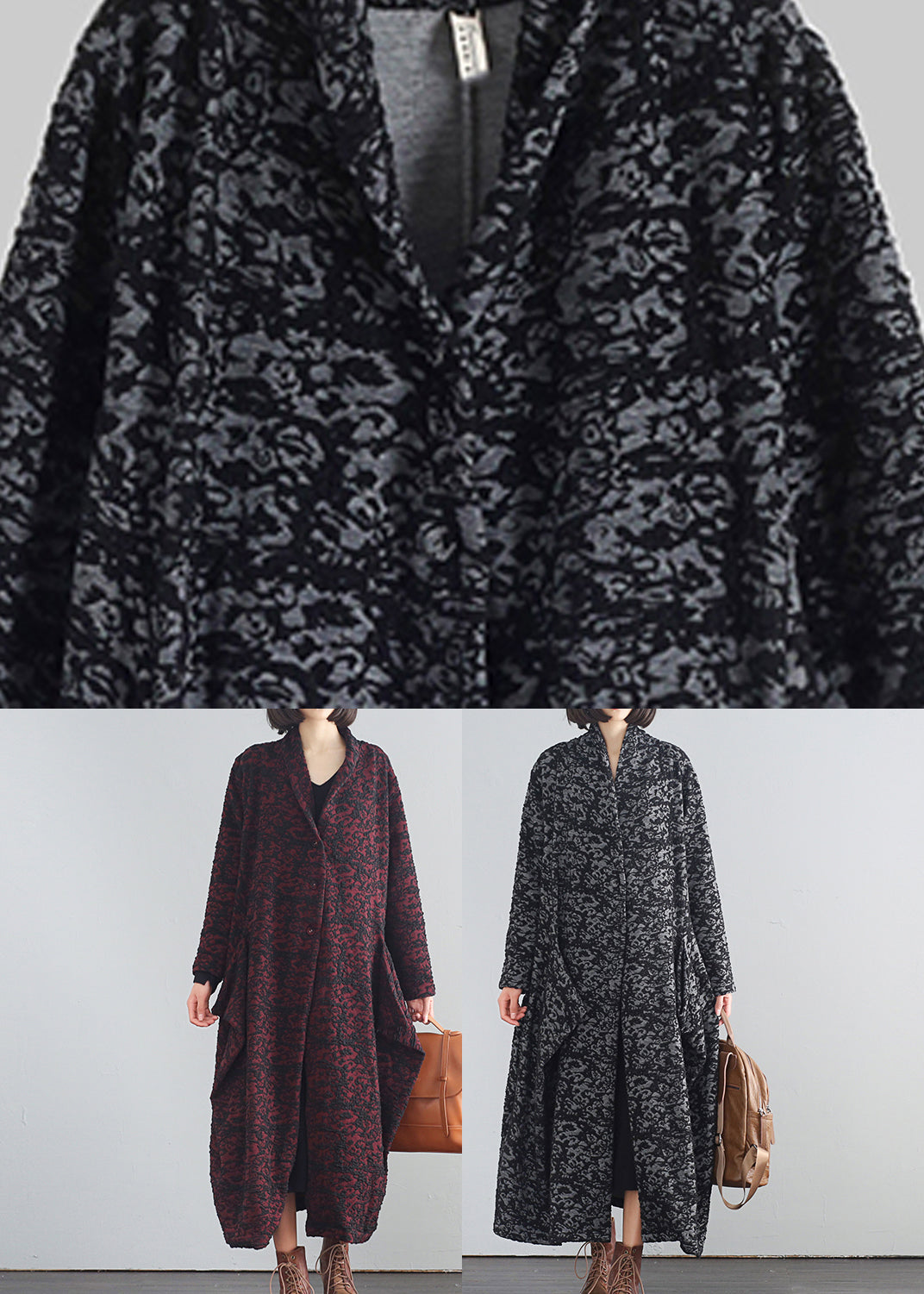 Black V Neck Print Button Trench Coats Fall