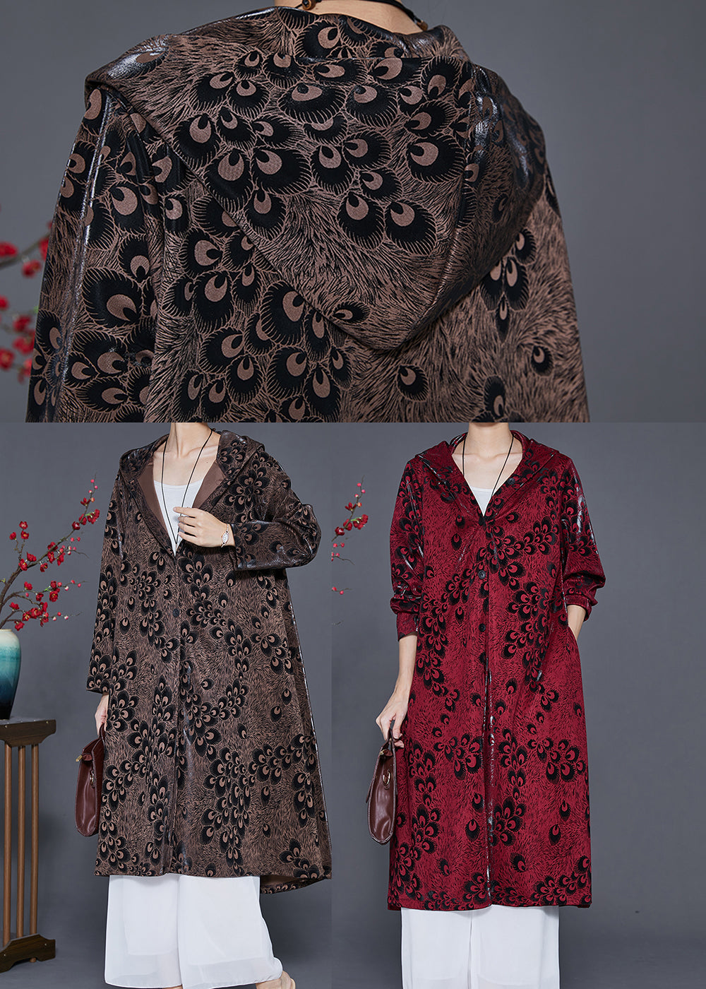 Brown Hooded Print Spandex Coat Outwear Spring
