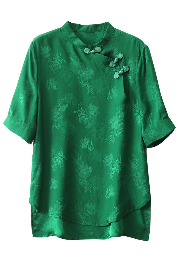 Green Mandarin Collar Jacquard Oriental Button Silk Shirt Tops Short Sleeve
