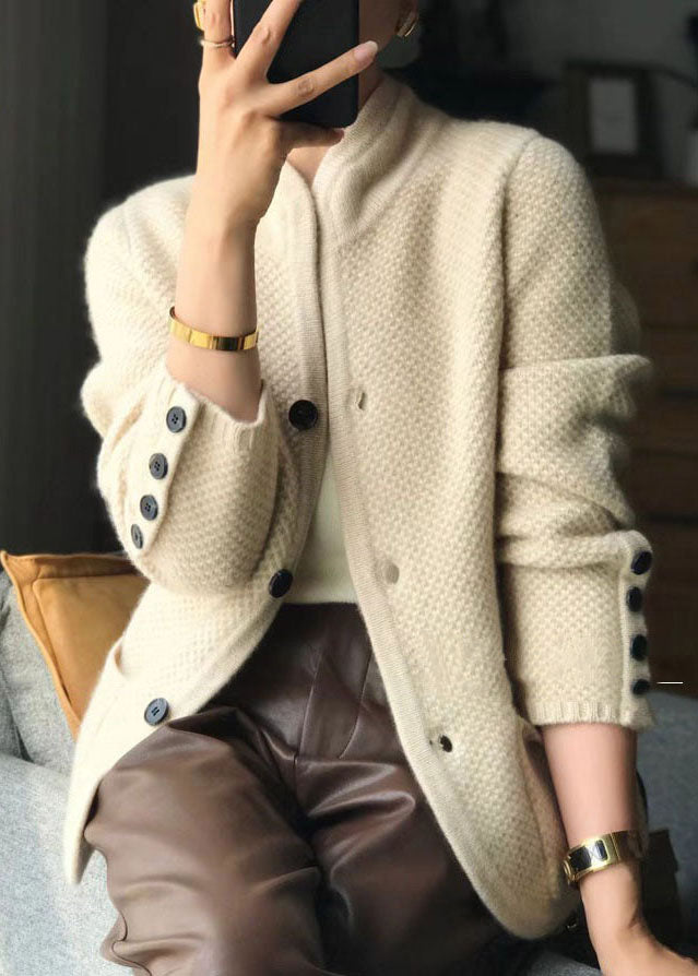 Stylish Brown Stand Collar Slim Fit Button Cashmere Cardigans Spring
