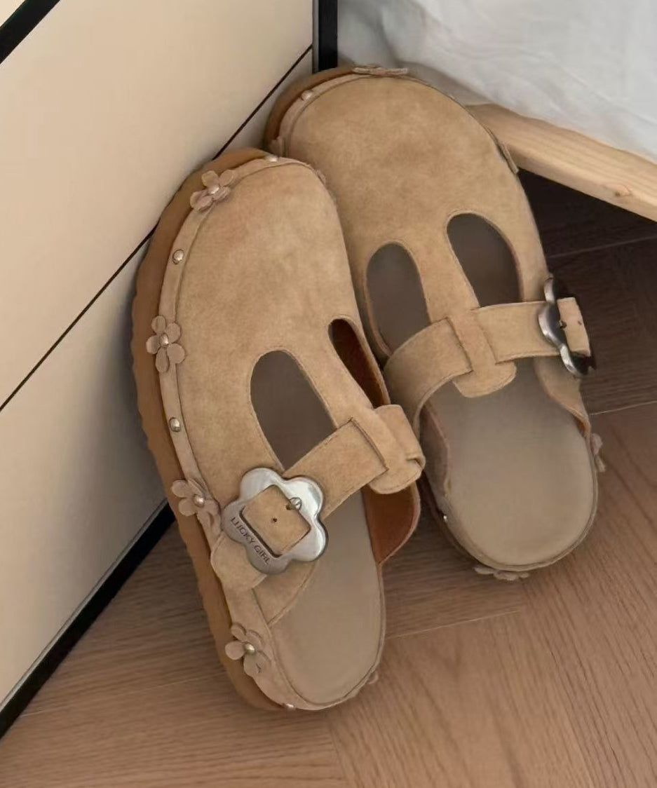 Splicing Platform Khaki Faux Leather Slide Sandals