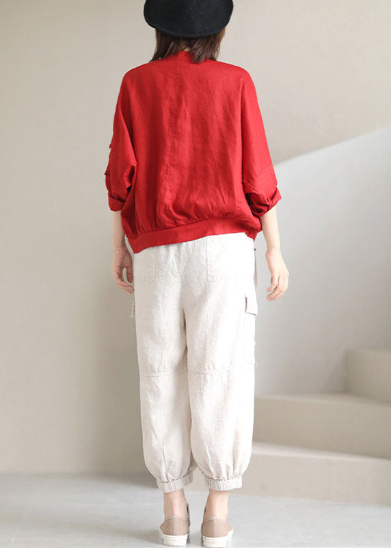 Red V Neck Pockets Fall Coats Long Sleeve