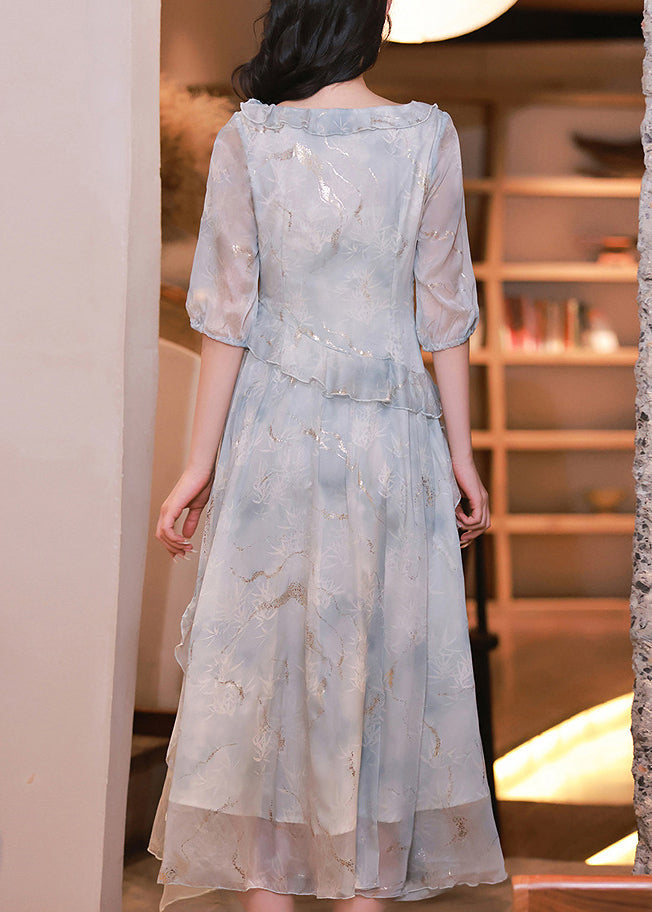 Boutique Light Blue Ruffled Asymmetrical Patchwork Chiffon Dress Summer
