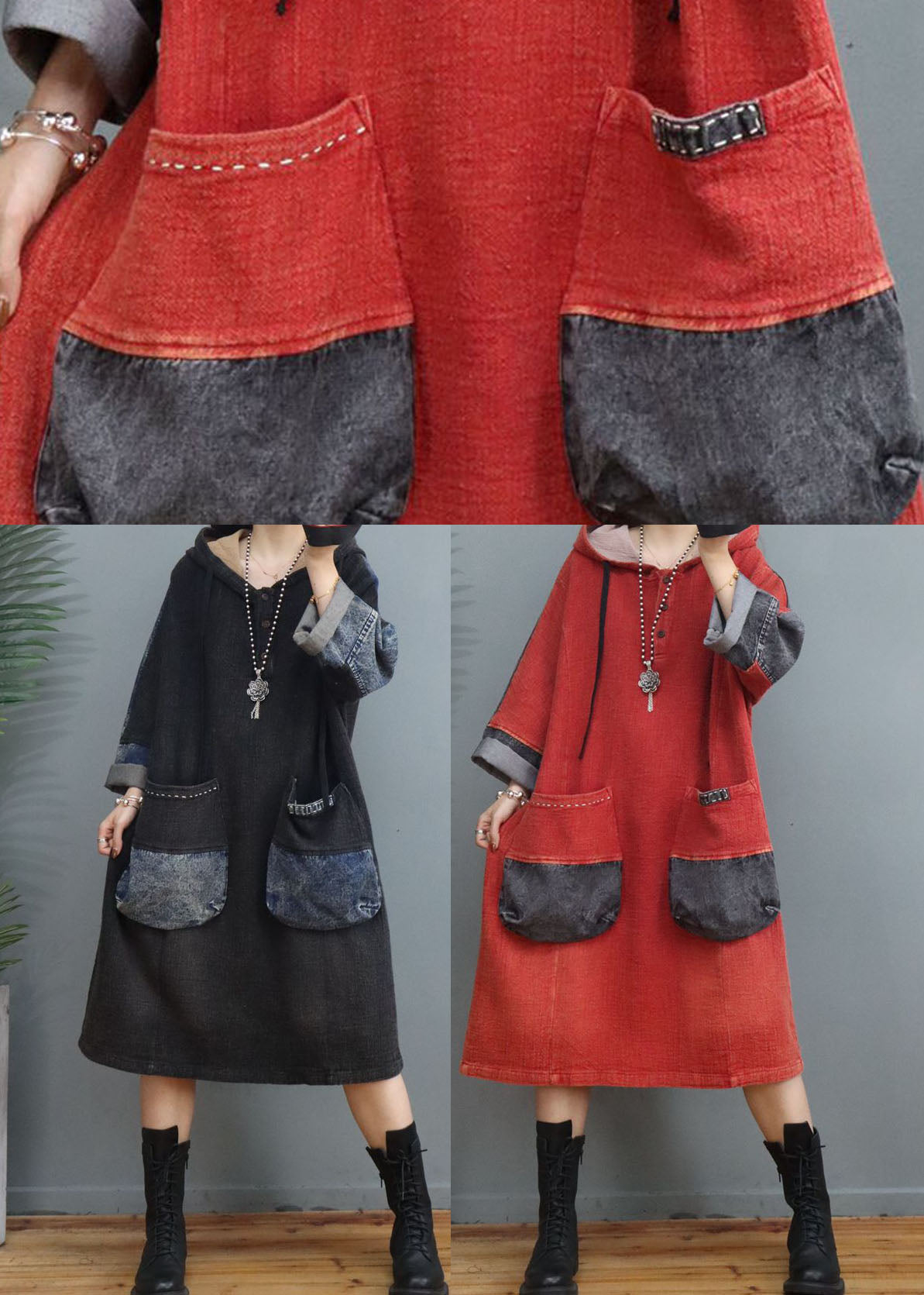 Orange Red Drawstring Button Patchwork Dress Spring