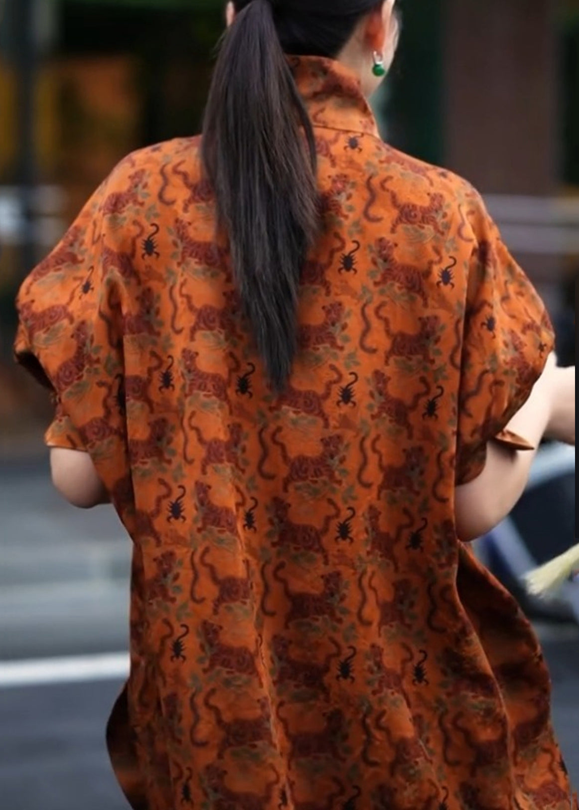 Orange Stand Collar Print Side Open Shirt Three Quarter Sleeve