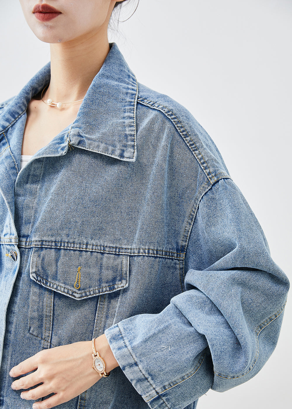 Blue Oversized Applique Denim Jacket Fall