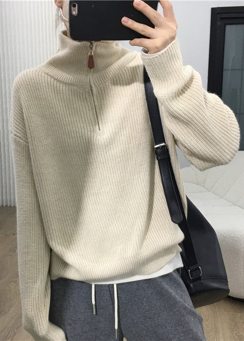 Apricot Zip Up Patchwork Cozy Knit Sweaters Long Sleeve
