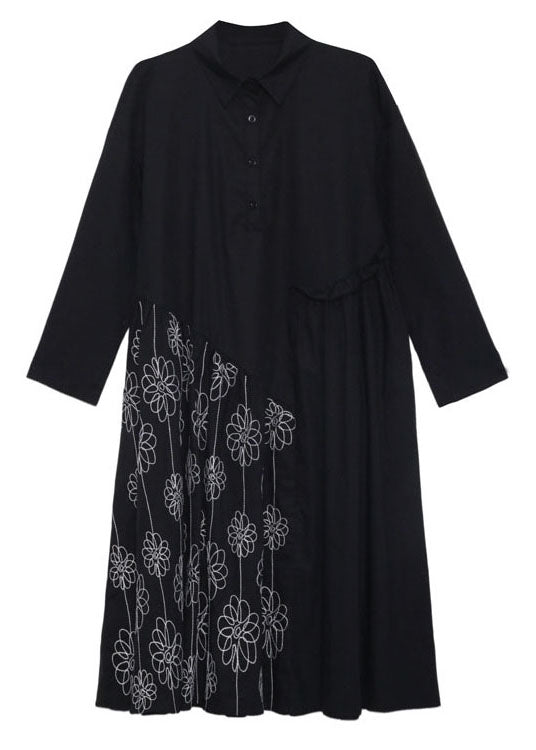 Black Button Patchwork Ruffled Fall Dress Long Sleeve