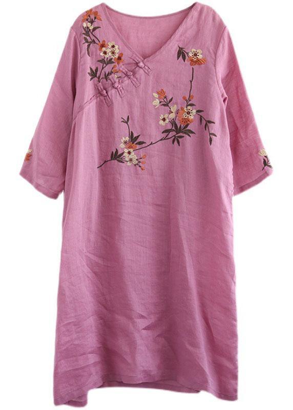 Black V Neck Embroideried Button Three Quarter Sleeve Fall Dresses