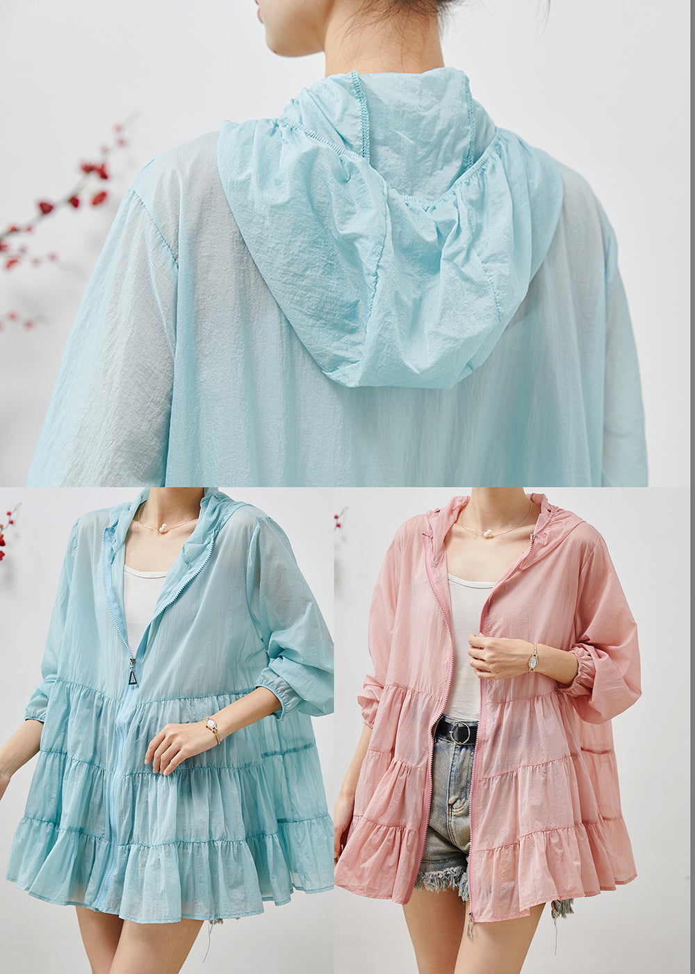 Pink Spandex Upf 50+ Coats Hooded Wrinkled Summer
