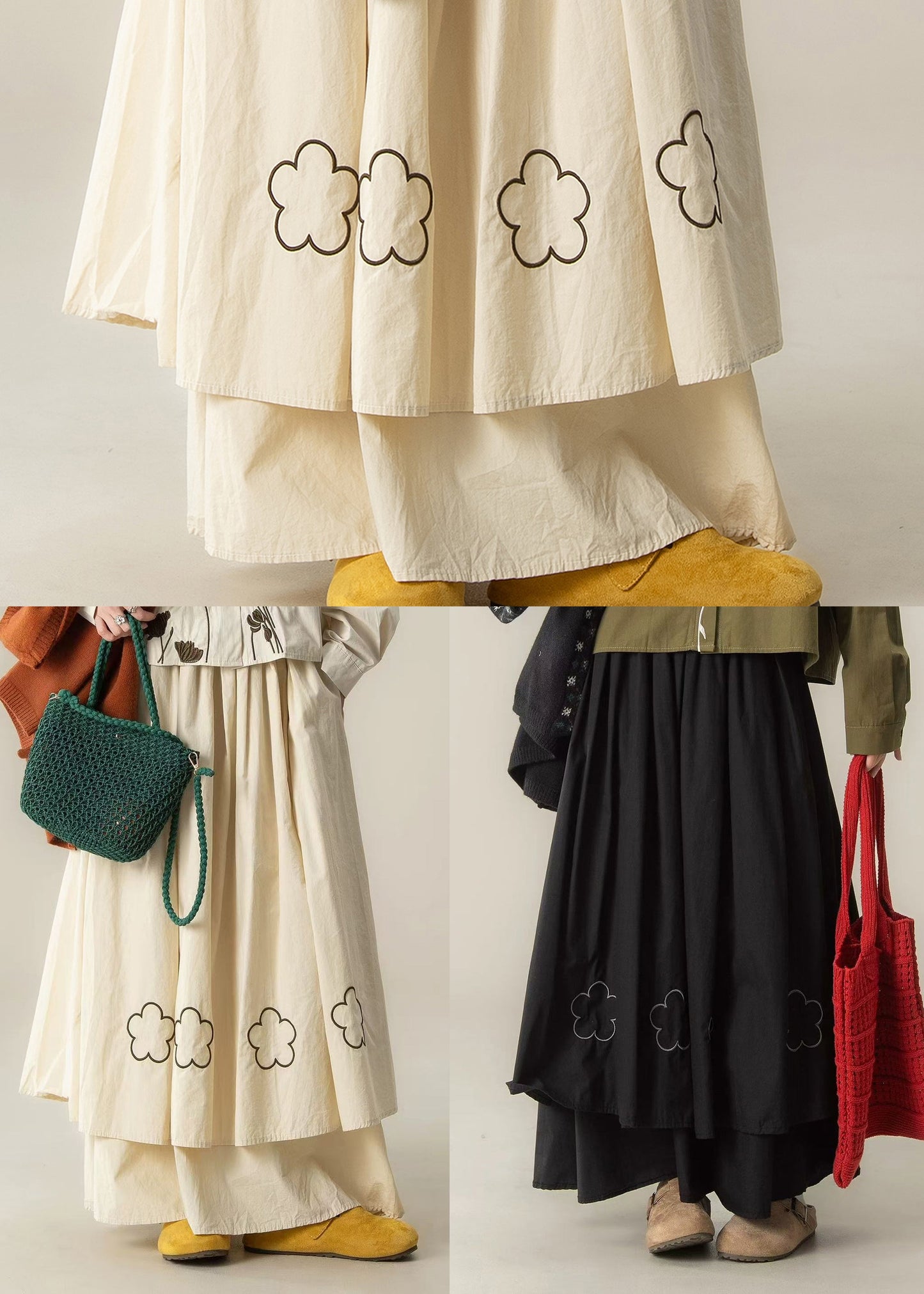 Black Embroidered Layered Cotton Holiday Skirts Spring