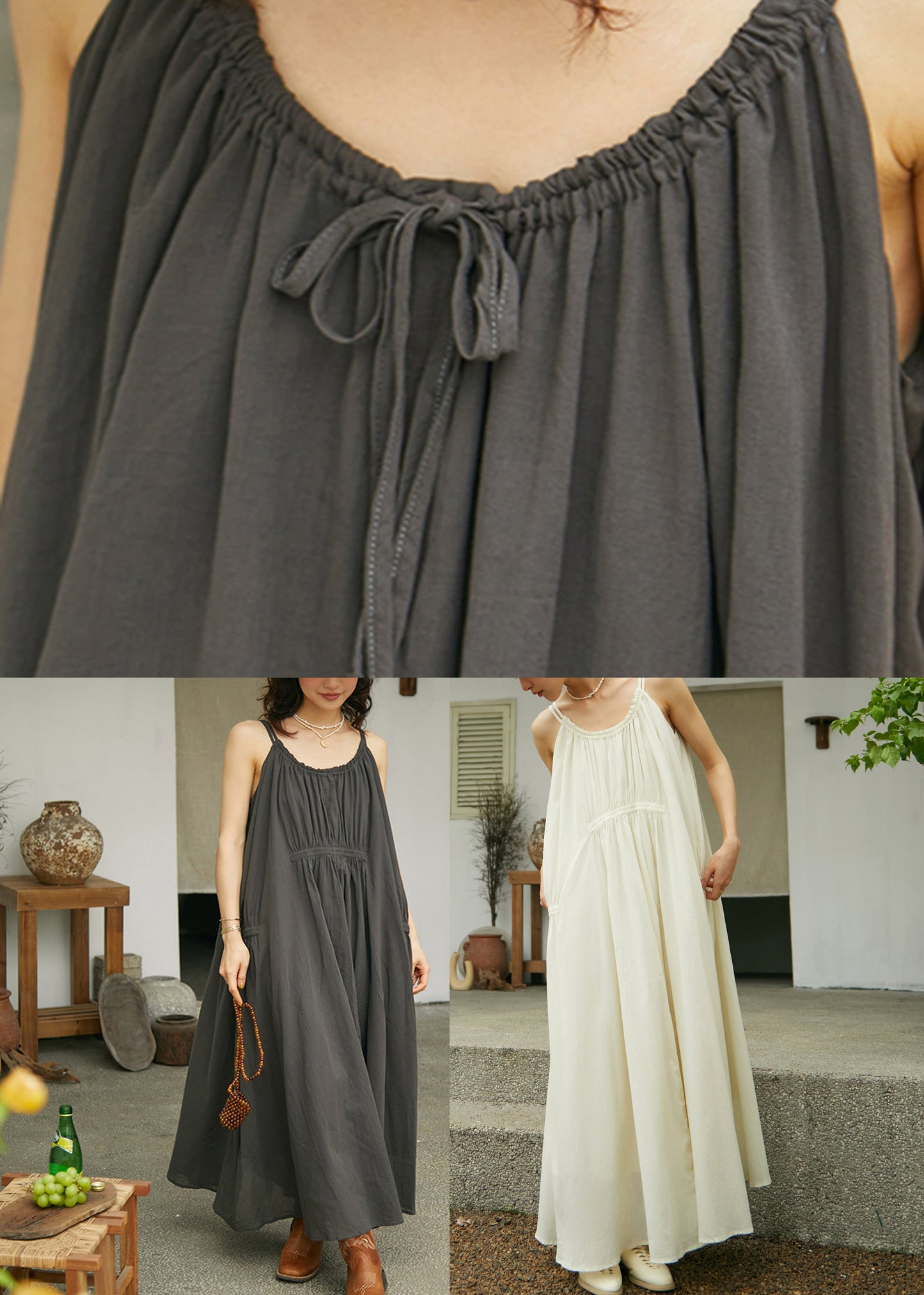 Loose Dark Grey Patchwork Cotton Long Spaghetti Strap Dress Summer