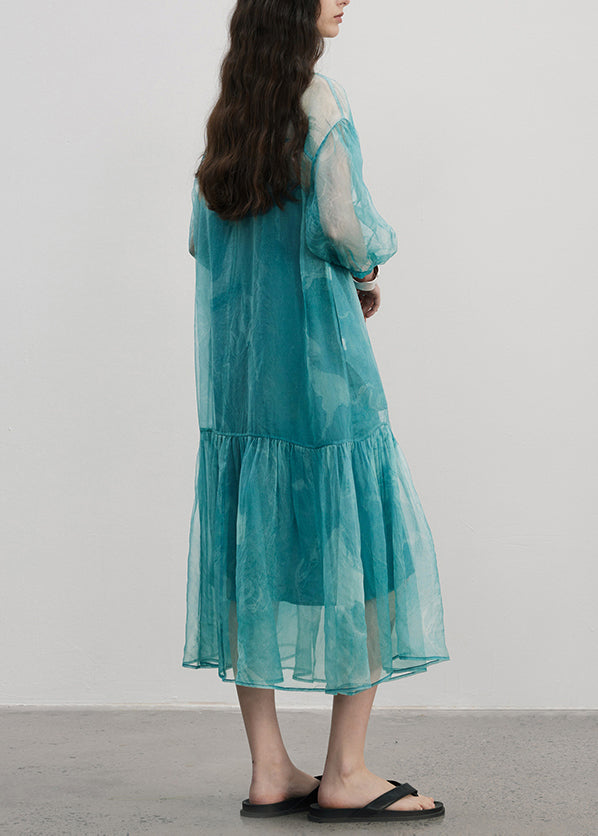 Blue V Neck Wrinkled Patchwork Silk Dress Summer