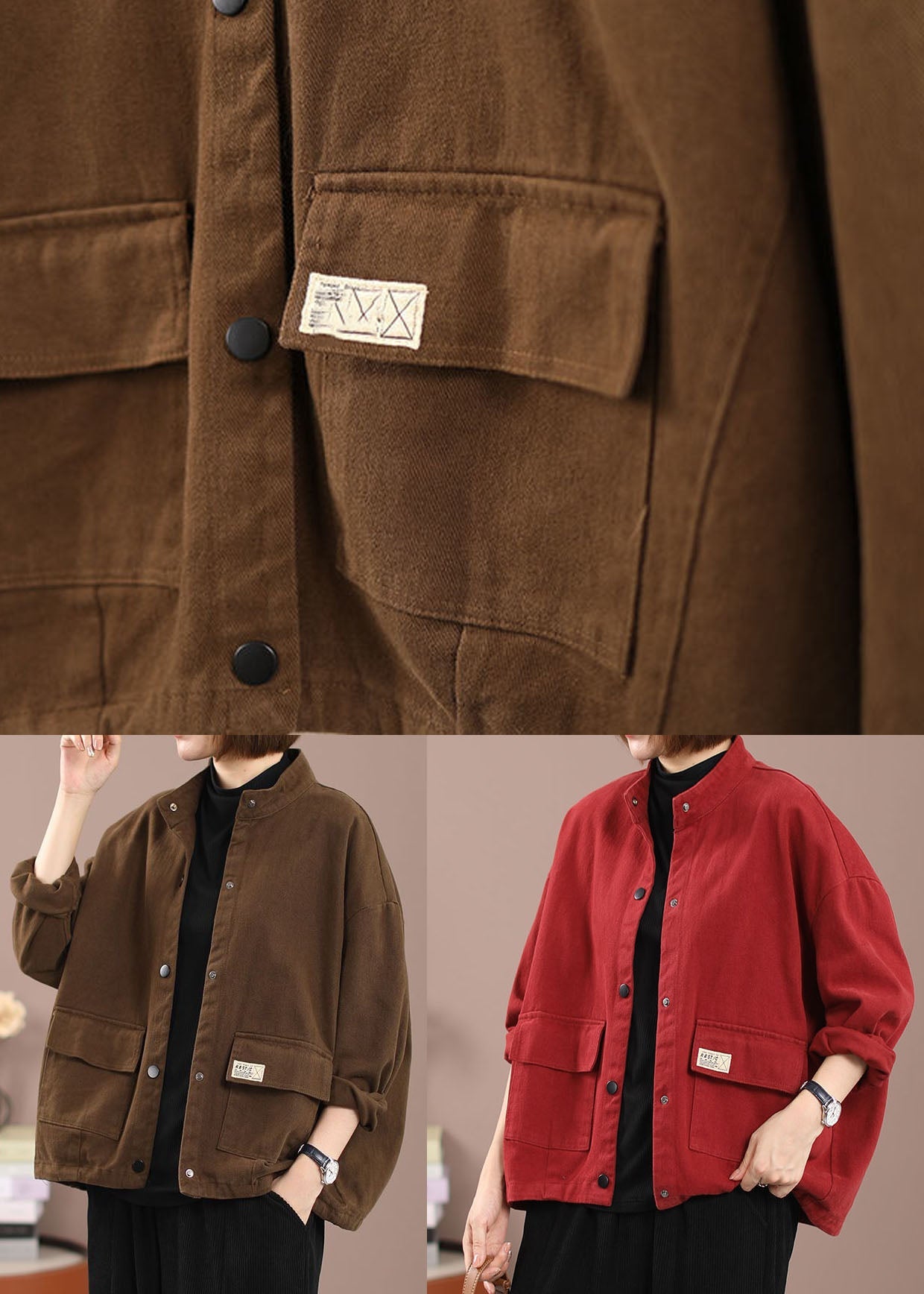 Red Pockets Patchwork Denim Jackets Spring