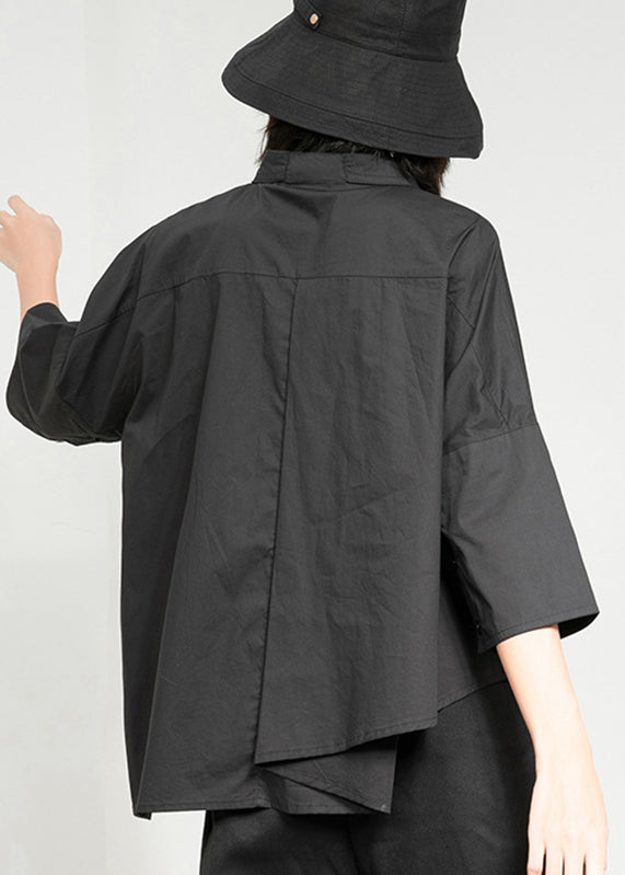 Black Peter Pan Collar Asymmetrical Patchwork Button Pockets Shirt Long Sleeve