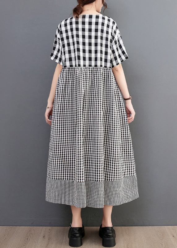 Natural O-neck Plaid Dot Patchwork Maxi Dresses Summer