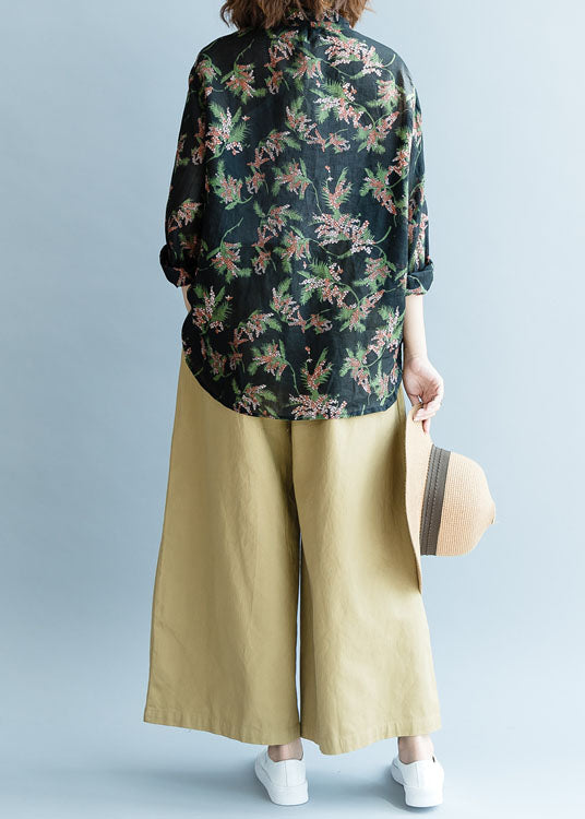 Black Peter Pan Collar Print Linen Shirt Tops Fall