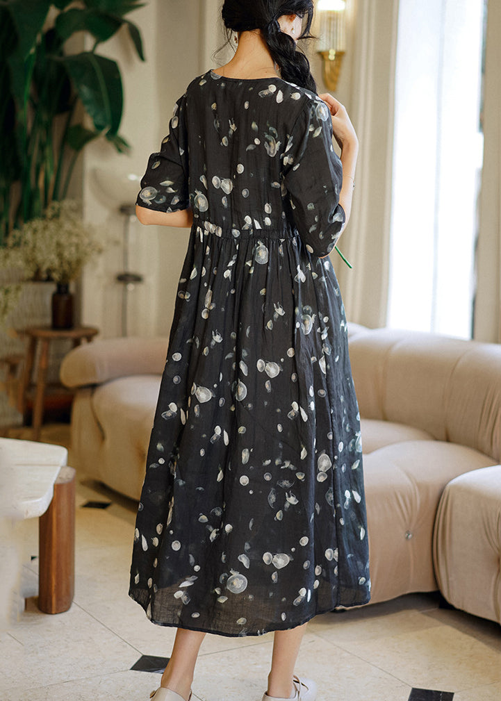 Grey Print Patchwork Linen Long Dresses Summer