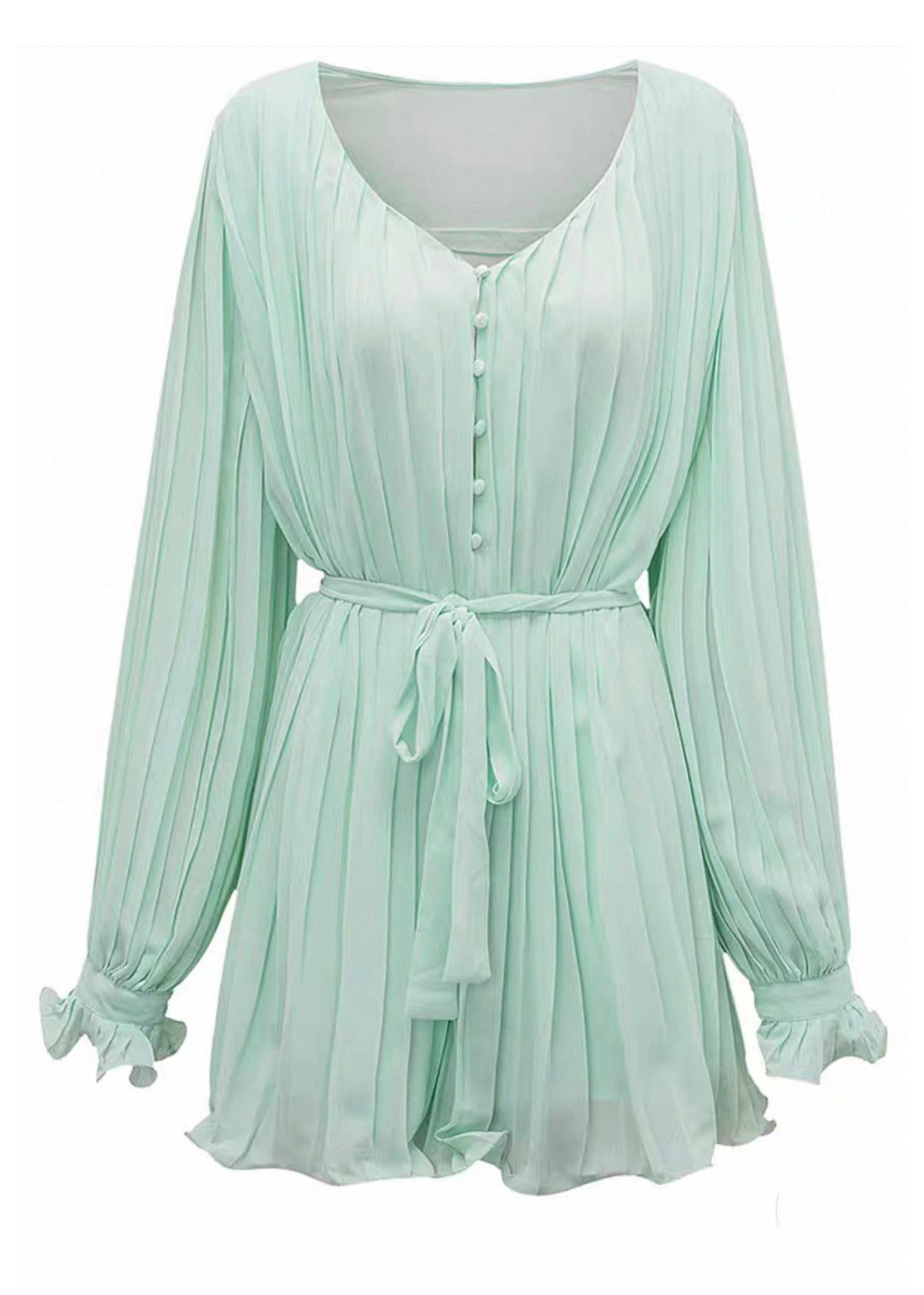 Light Green V Neck Wrinkled Mid Dresses Fall