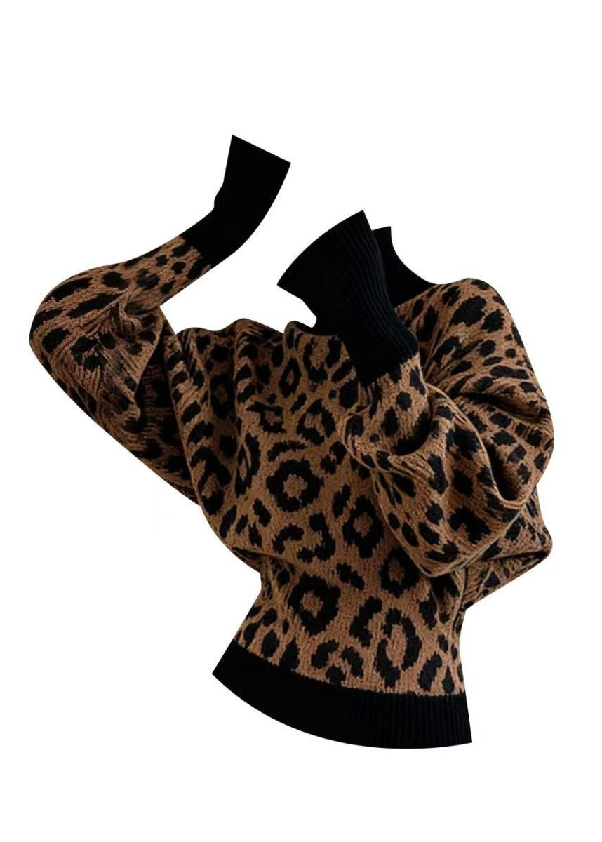 Leopard Hign Neck Puff Sleeve Knitted Sweaters Tops