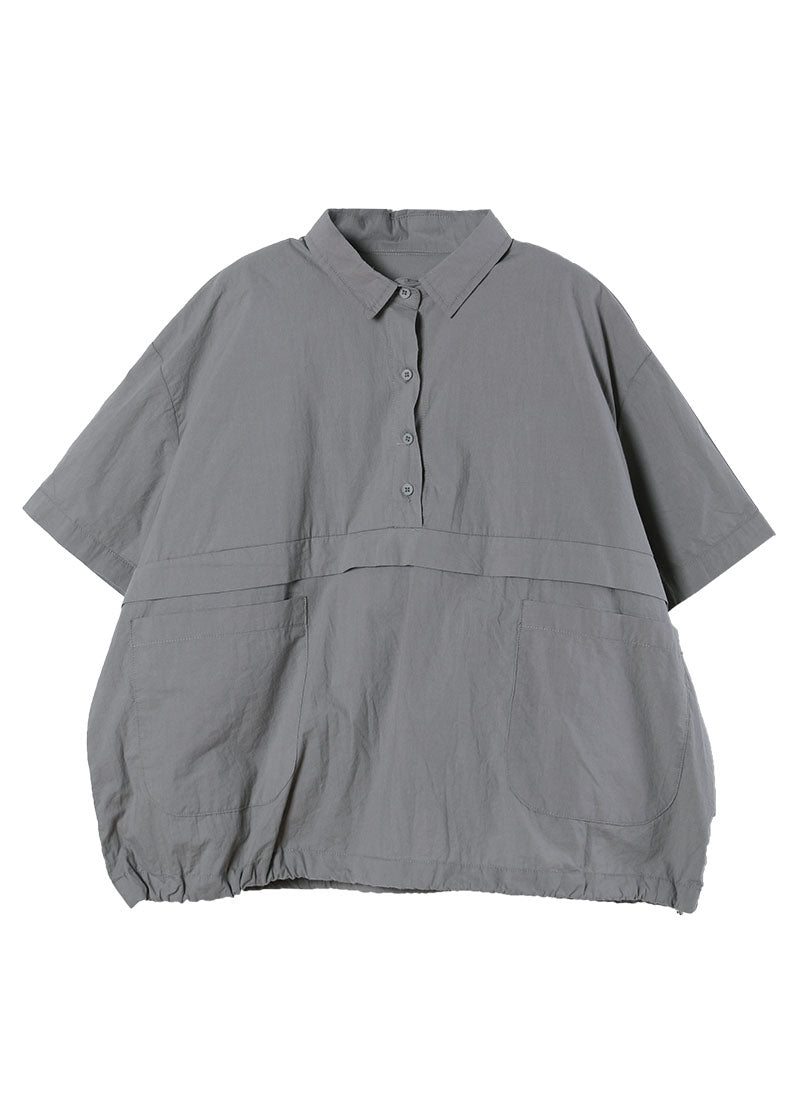 Grey Oversized Pockets Color Cotton Shirts Short Sleeve
