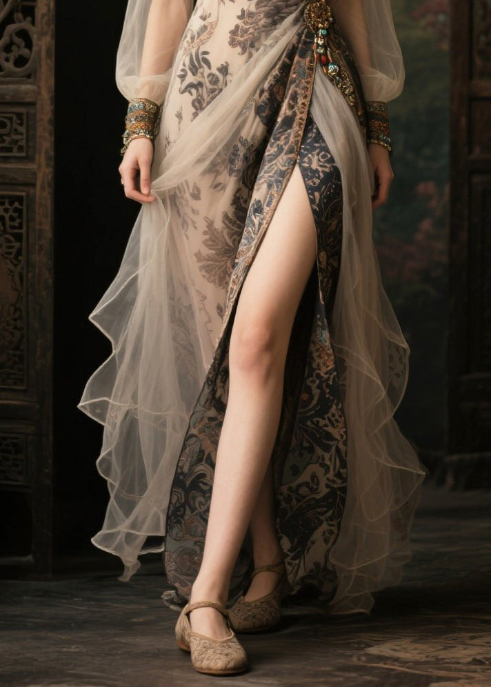 Apricot Print Side Open Chiffon Party Dress Summer