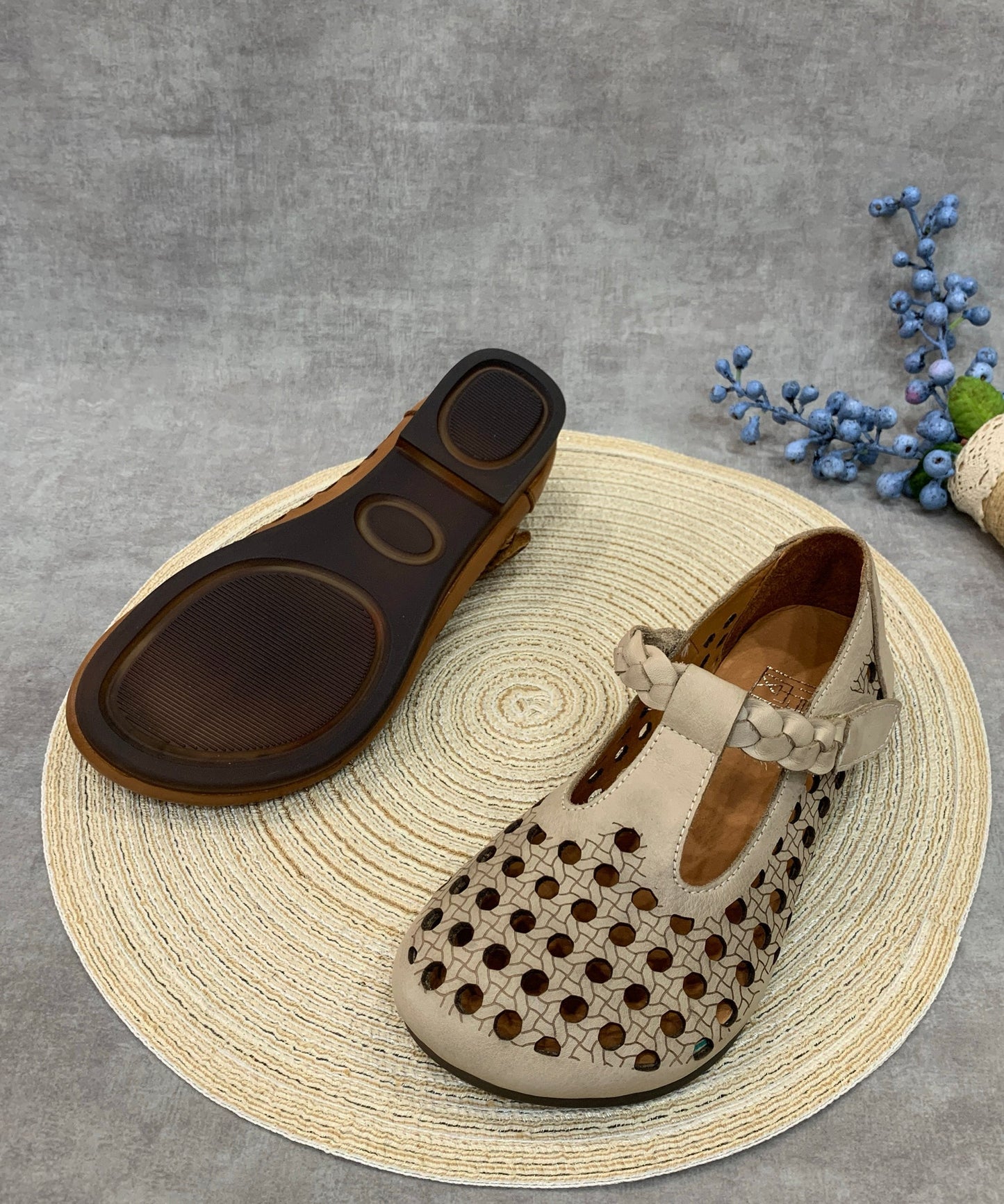 Comfy Coffee Flat Shoes Hollow Out Cowhide Leather