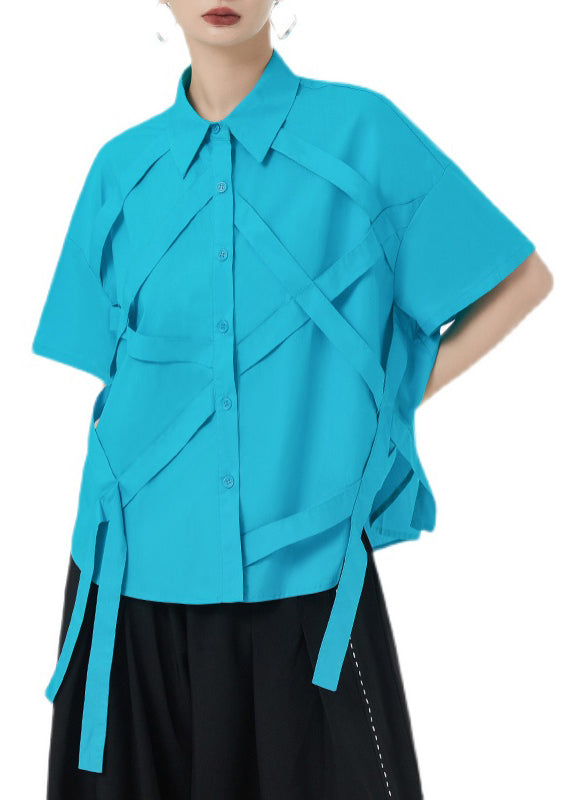 Royal Blue Tasseled Button Patchwork Cotton Shirts Summer