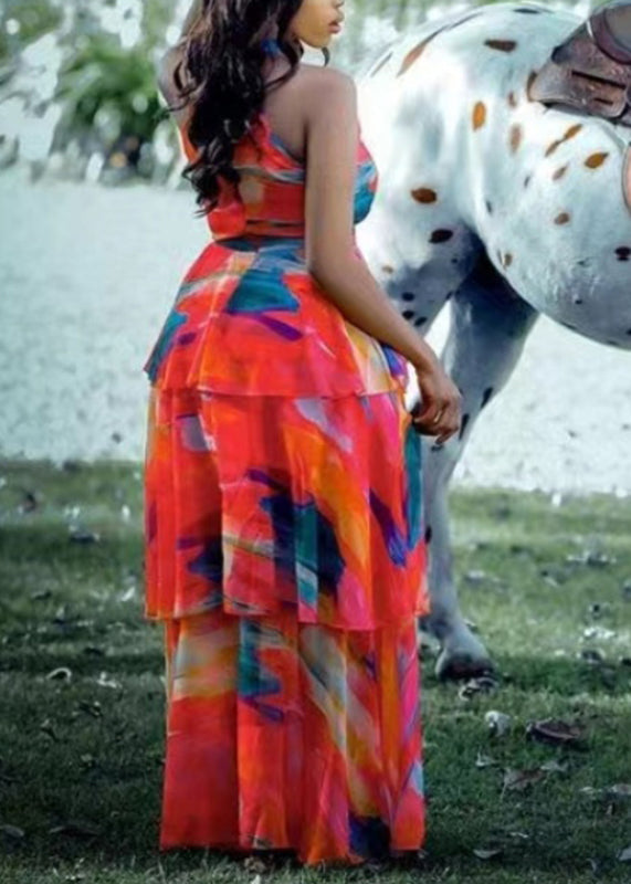 Style Red O-neck Print Cold Shoulder Long Dress Summer