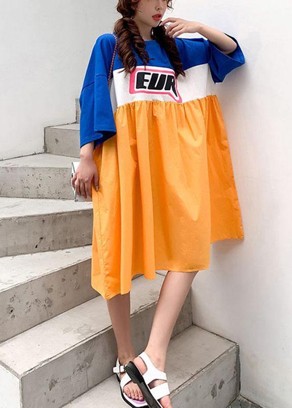 Blue White Patchwork Orange Summer Cotton Loose Dresses Half Sleeve
