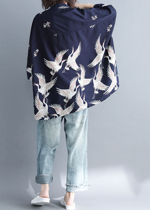 Navy Stand Collar Oversized Print Chiffon Top Batwing Sleeve