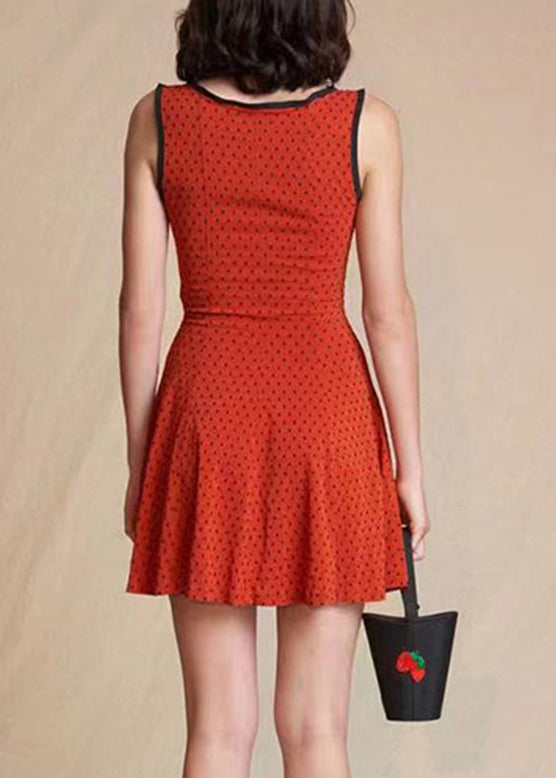 Slim Fit Red Square Collar Dot Print Spaghetti Strap Mid Dress Sleeveless Summer