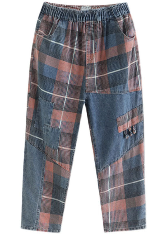 Blue Plaid Patchwork Denim Pants Spring