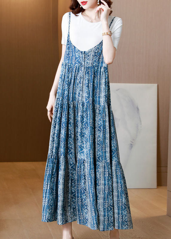 Blue Print Patchwork Exra Large Hem Cotton Spaghetti Strap Dress Two Piece Set Summer