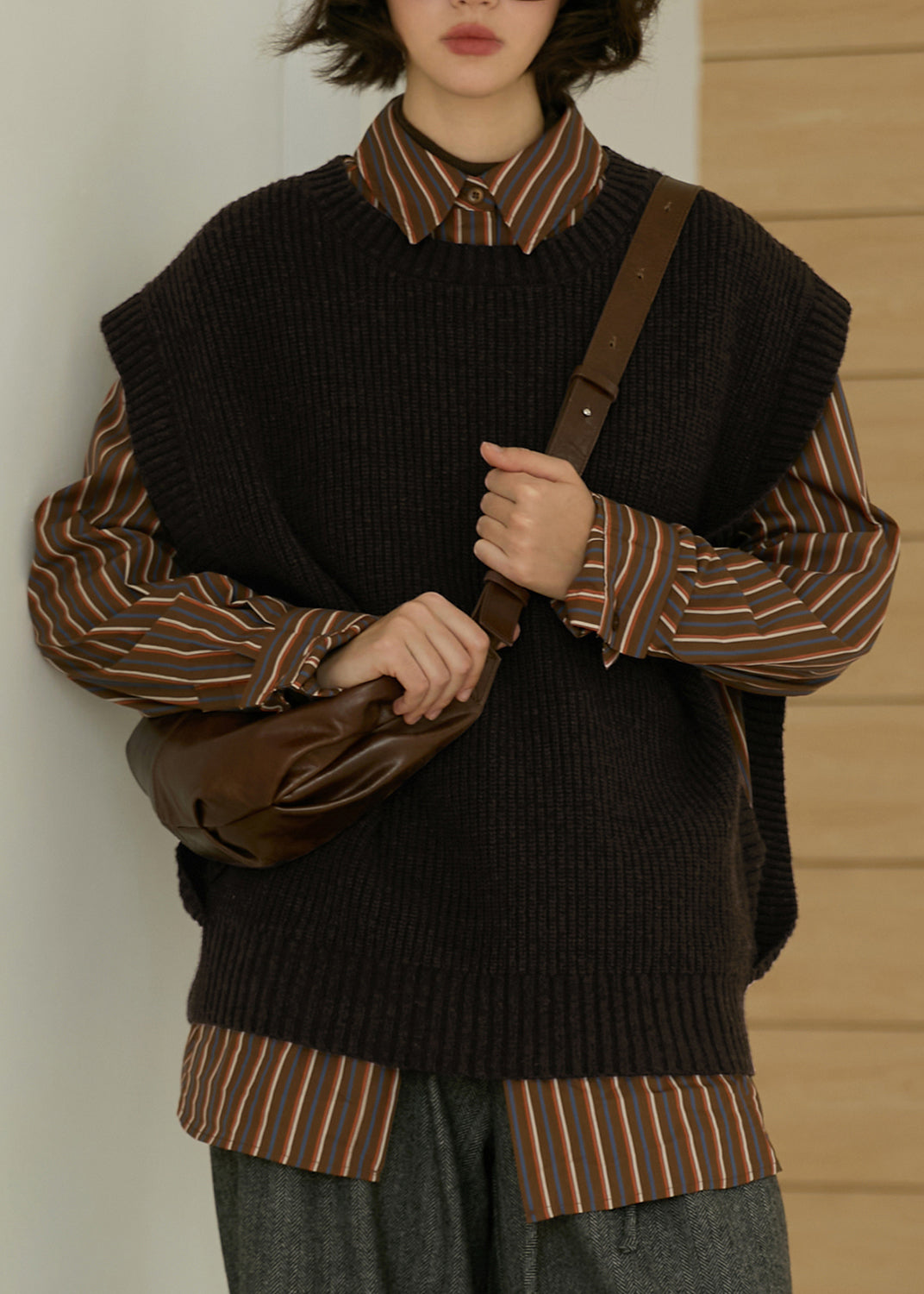 Coffee Peter Pan Collar Striped Cotton Shirt Top Fall