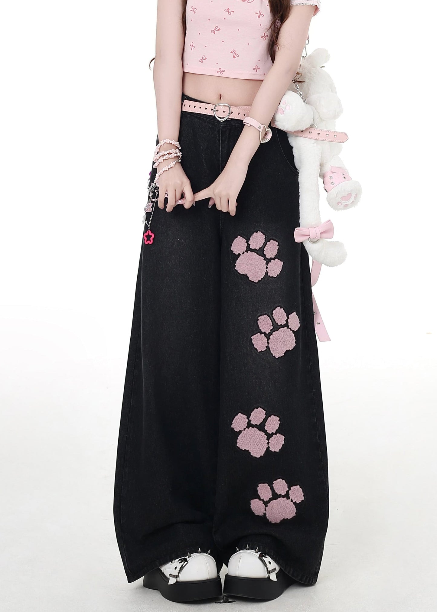 Modern Black Embroidered Pockets High Waist Denim Wide Leg Pants Fall