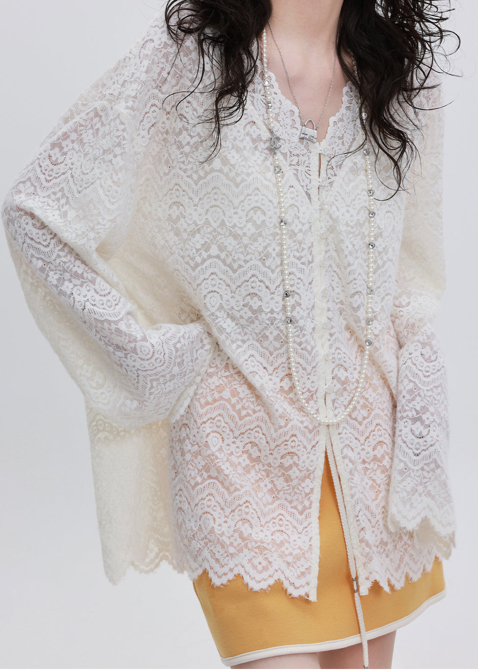 French White Oversized Lace Upf 50+ Shirt Top Spring