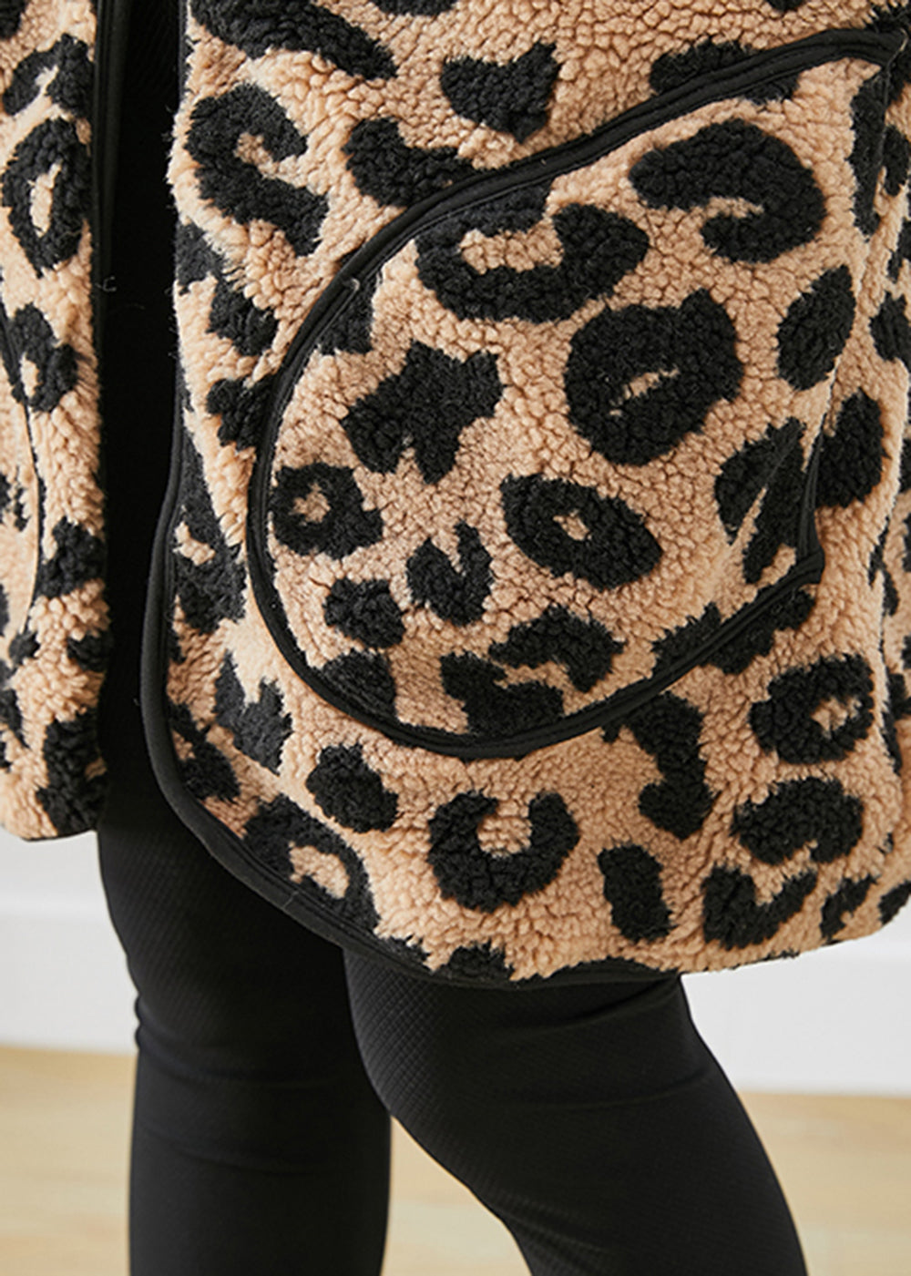 Leopard Print Pockets Faux Fur Teddy Vest Fall