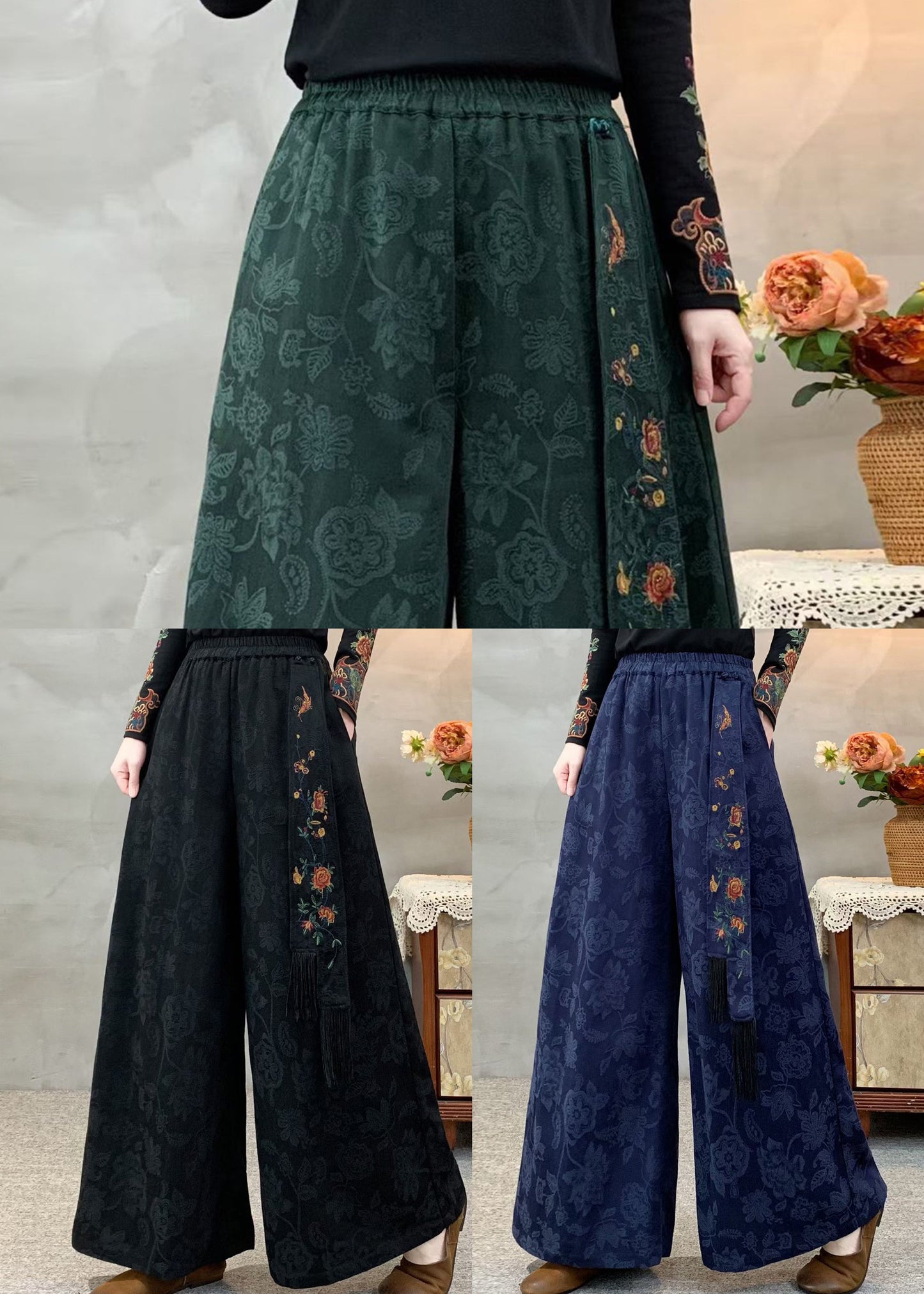 Black Elastic Waist Pockets Jacquard Cotton Pants Fall