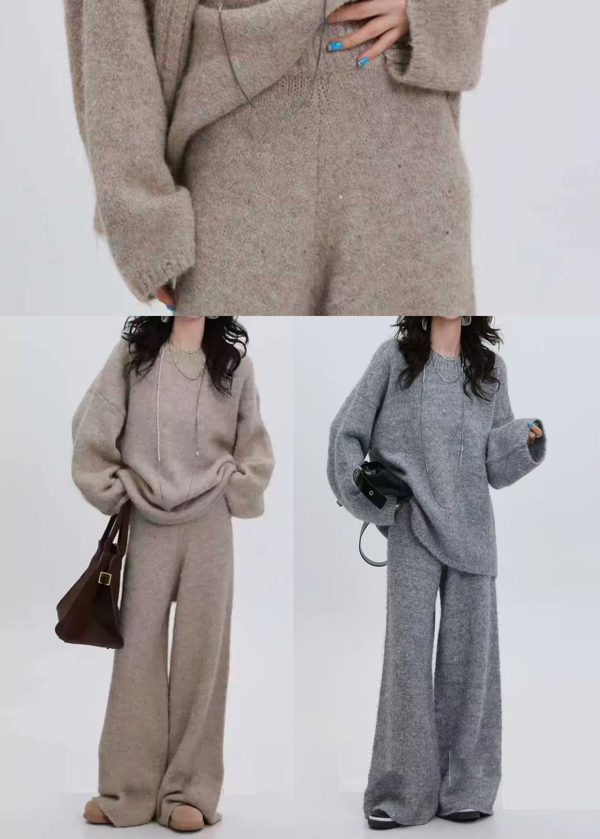 Grey Sequins Thick Knit Two Pieces Set Winter