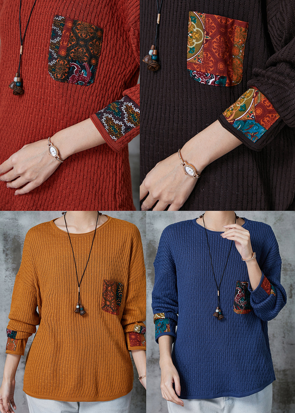 Blue Oversized Patchwork Pocket Knit Sweater Spring