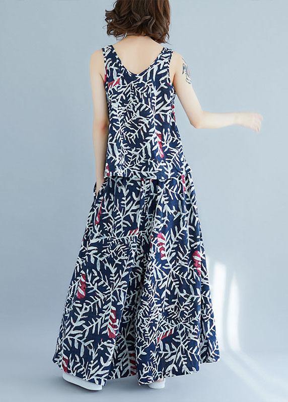 Blue Print Sleeveless Two-piece Set Summer Cotton Linen