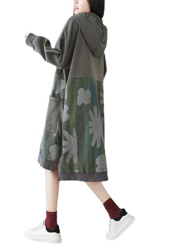 Unique Grey Hooded Pockets Patchwork Print Spring Sweatshirt Dress