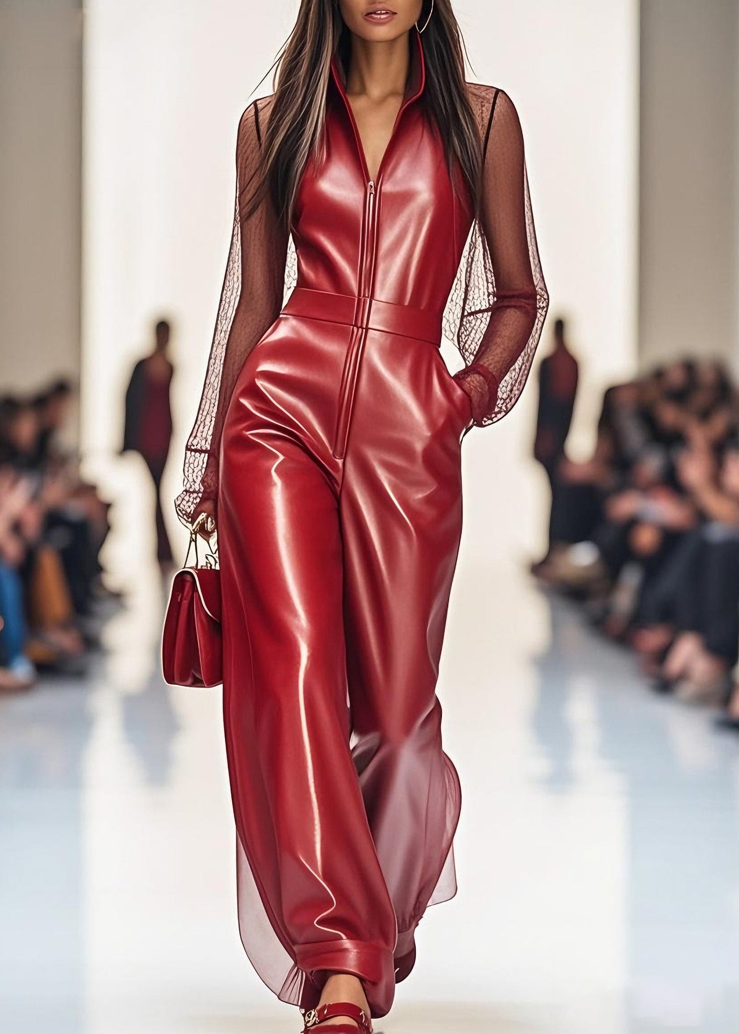 Red Zip Up Tulle Patchwork Faux Leather Jumpsuit Summer
