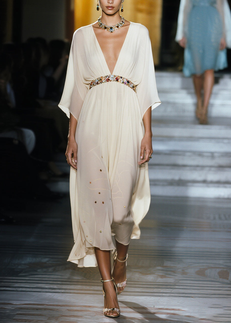 White V Neck Draping Chiffon Vacation Dresses Summer