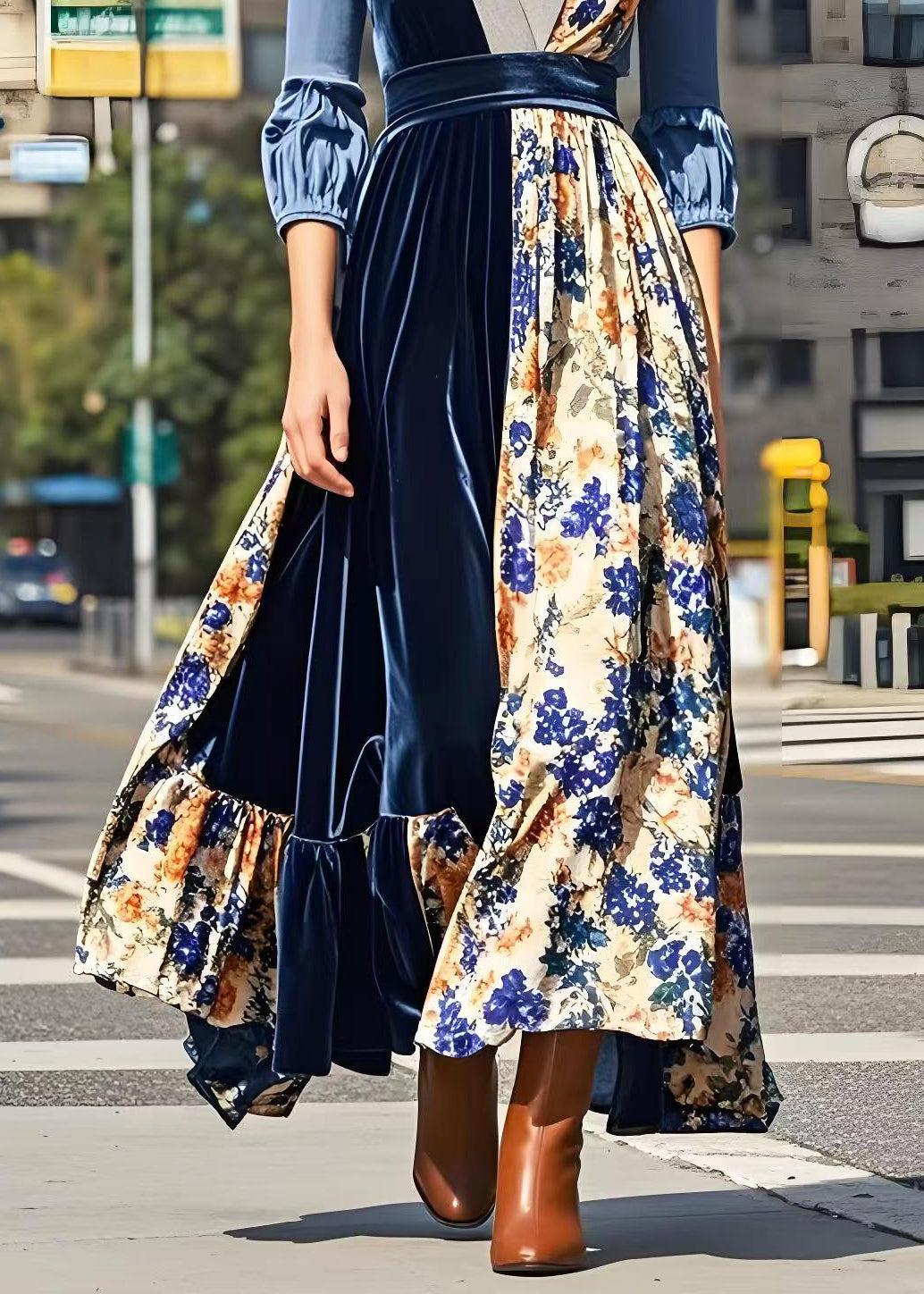 Print Patchwork Exra Large Hem Silk Velour Long Dresses Spring
